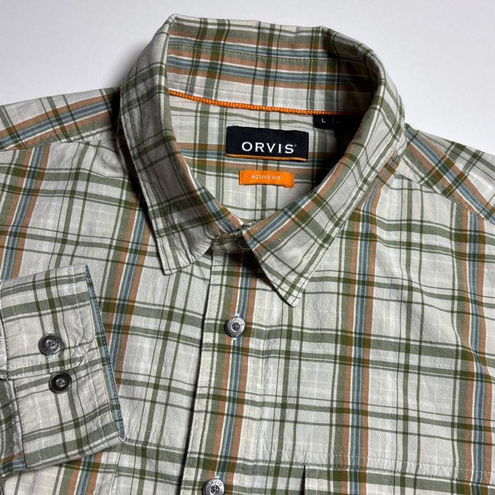 Orvis Active Fit Plaid Mens L Tan Green Fishing Gorpcore SPF Button Down Shirt